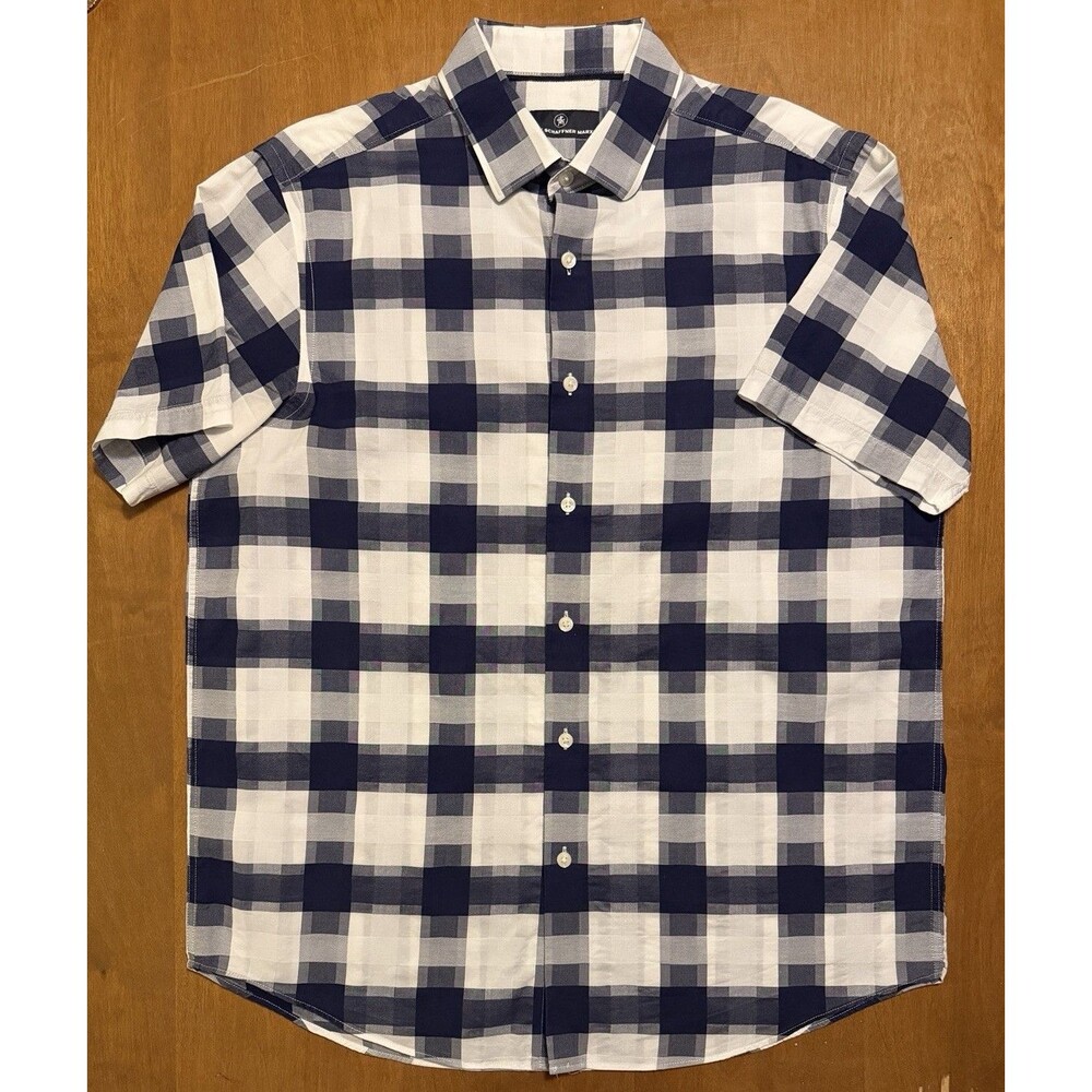 Hart Schaffner Marx Men's Sz Lg Bold Blue Plaid Short Sleeve Button Up Shirt
